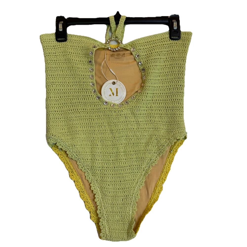 NWT Maiyo Crochet Knit Swimsuit Med Keyhole Bathing Boho Feminine Beach Two-Tone